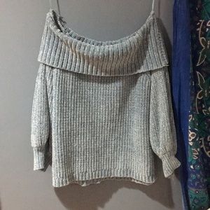 Soft light blue off the shoulder blue sweater